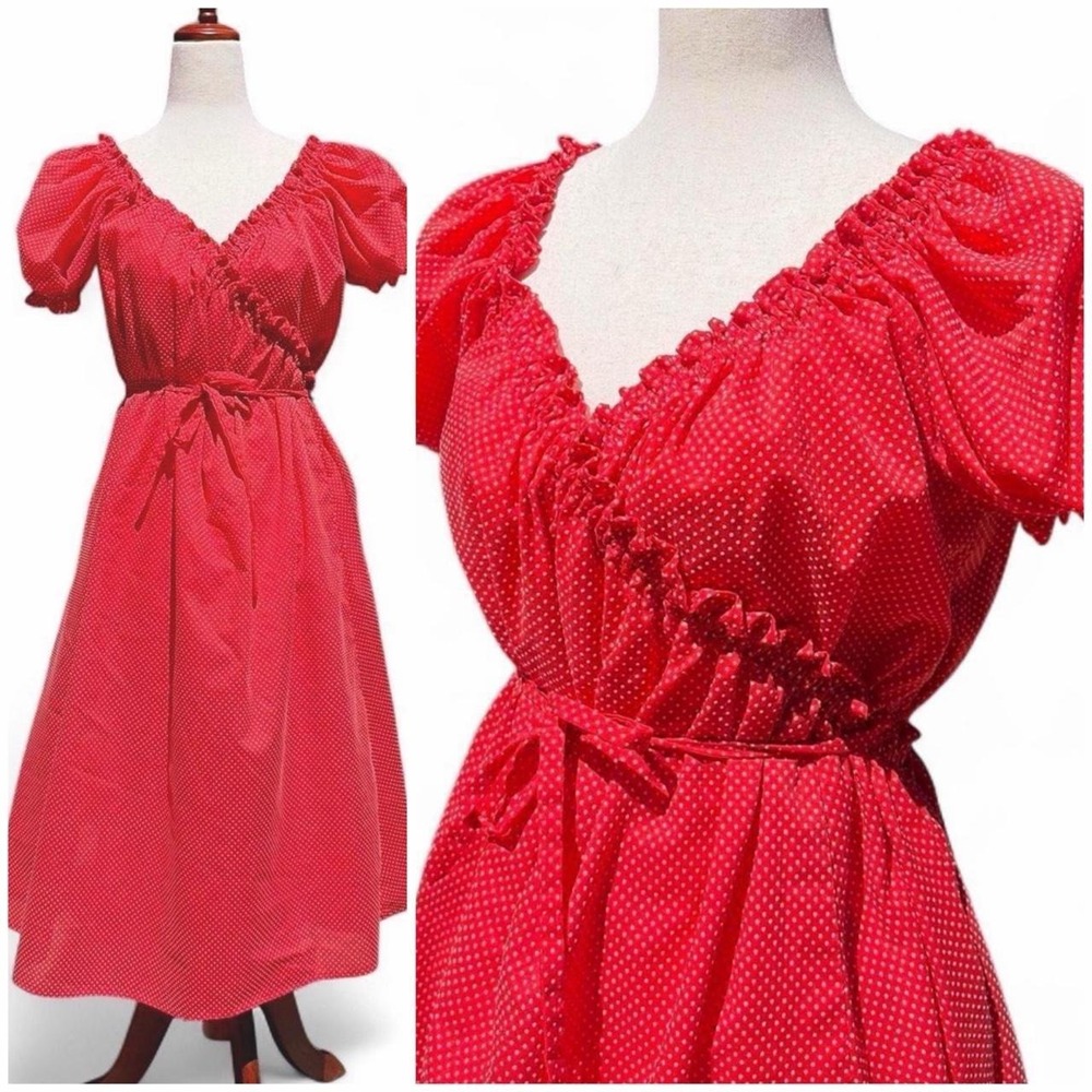 Vintage Handmade Ruffle Swiss Dot Cherry Red Wrap‎ Dress